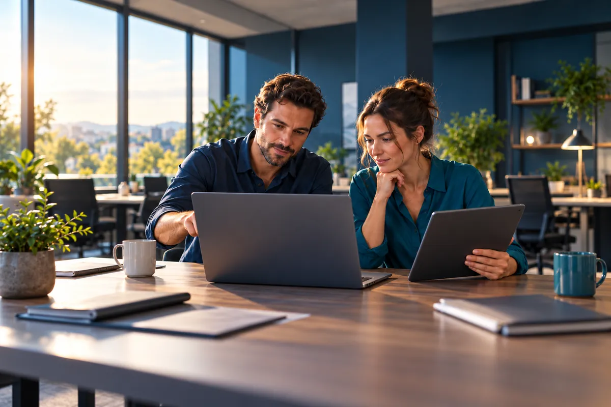 Zwei Kolleginnen und Kollegen arbeiten in einem modernen Büro gemeinsam an Laptop und Tablet an gemeinsamen Dateien