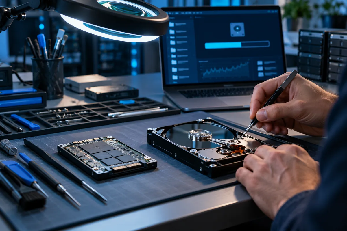 Ausgebaute Festplatte und SSD auf einer antistatischen Matte, ein Techniker arbeitet mit Präzisionswerkzeug