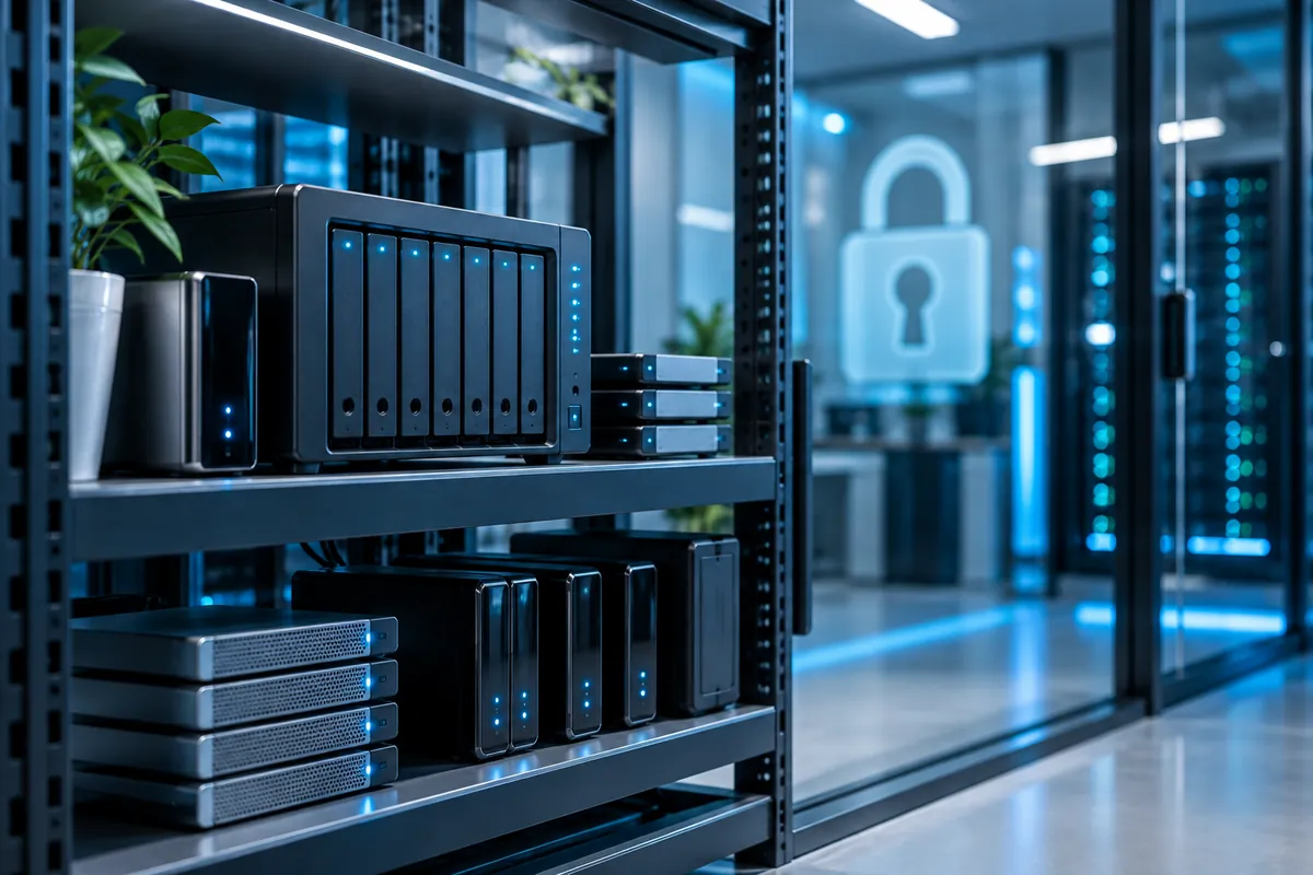 NAS-System und Backup-Festplatten im Serverraum mit Schloss-Symbol als Sicherheitsmotiv