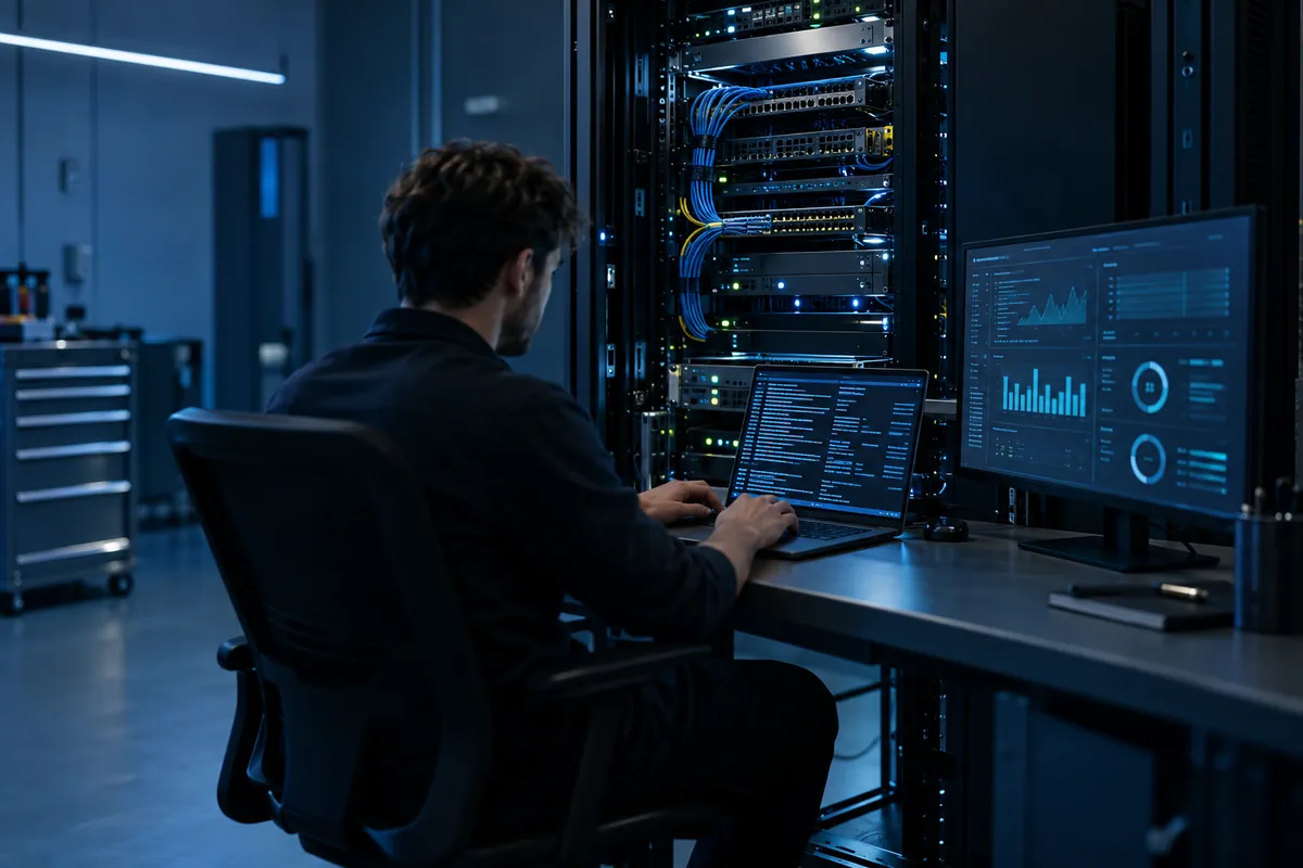 IT-Administrator arbeitet am Laptop vor einem Serverschrank, daneben ein Monitor mit einem Server-Dashboard