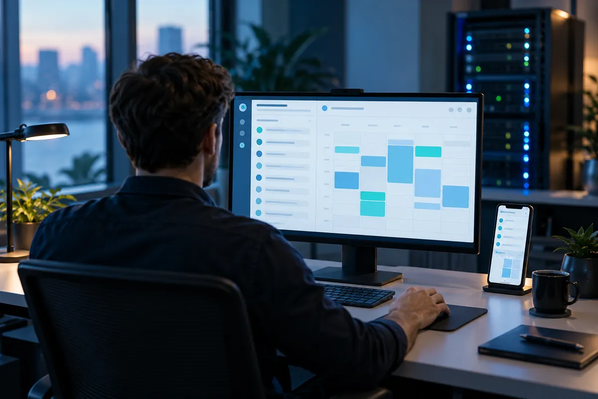 Mitarbeiter am Schreibtisch vor einem Monitor mit Postfach und Wochenkalender, daneben ein Smartphone