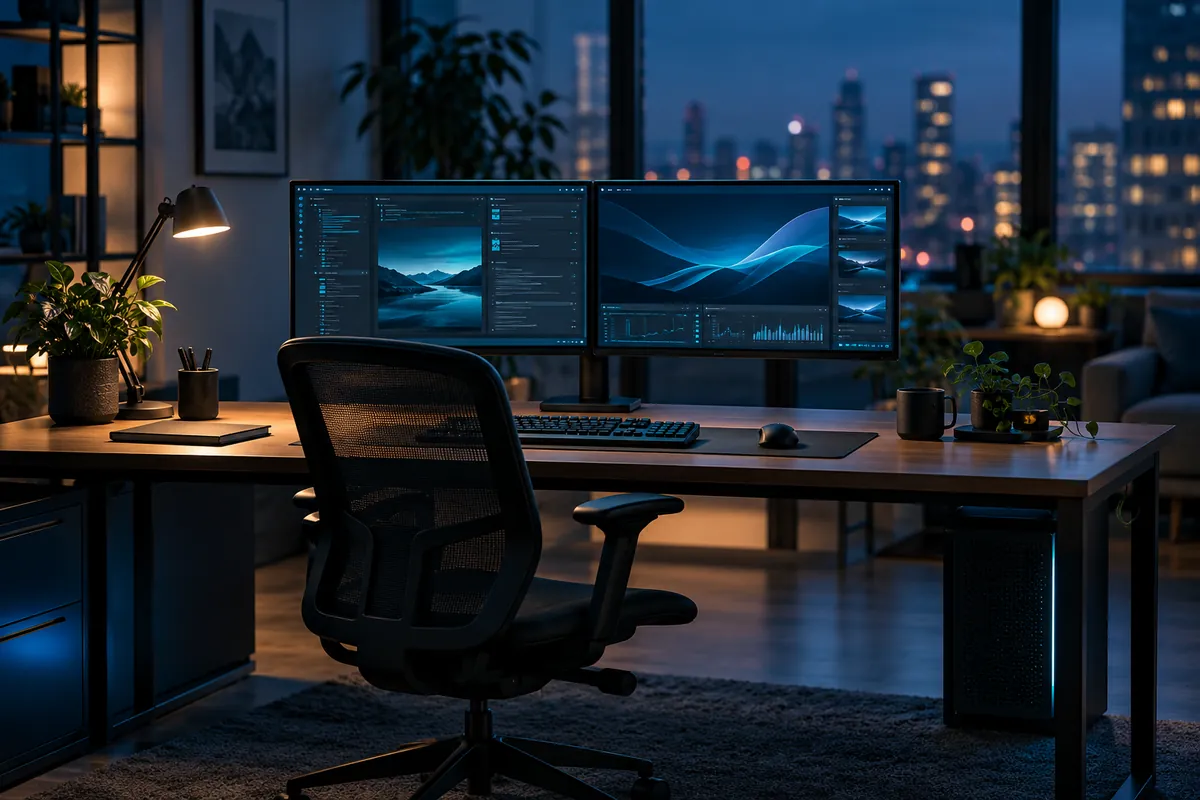 Moderner IT-Arbeitsplatz mit zwei Monitoren und Workstation im abendlichen Büro
