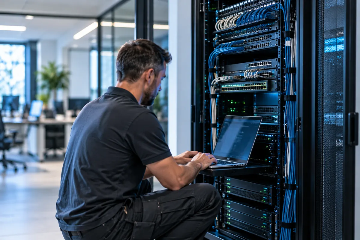 IT-Techniker arbeitet mit einem Laptop an einem Netzwerkschrank im Büro