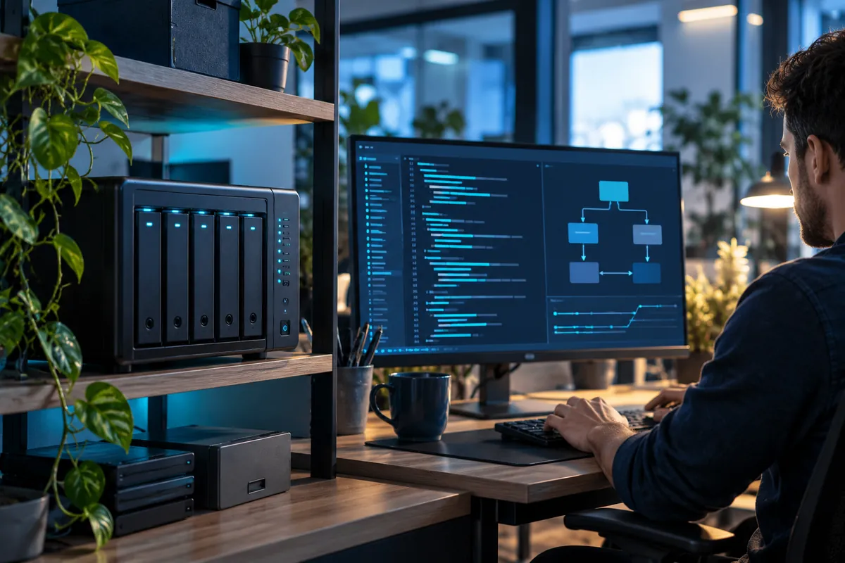 NAS mit mehreren Festplattenschächten neben einem Monitor mit Programmcode und Ablaufdiagramm