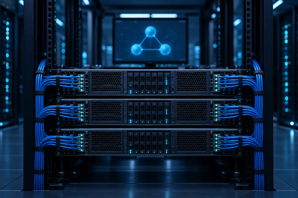 Drei vernetzte Server in einem Rack, im Hintergrund ein Monitor mit einem Cluster-Diagramm