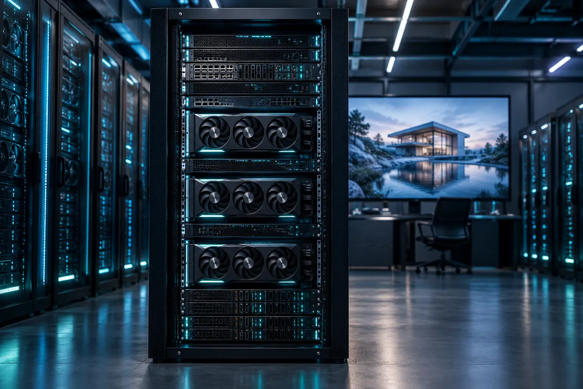 Server-Rack mit mehreren GPU-Rendermodulen in einem Serverraum, im Hintergrund eine Architekturvisualisierung auf einem großen Monitor