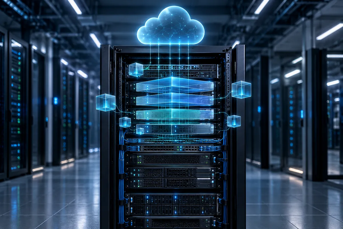 Serverrack in einem Rechenzentrum mit leuchtenden virtuellen Maschinen als Würfel und einer Cloud darüber