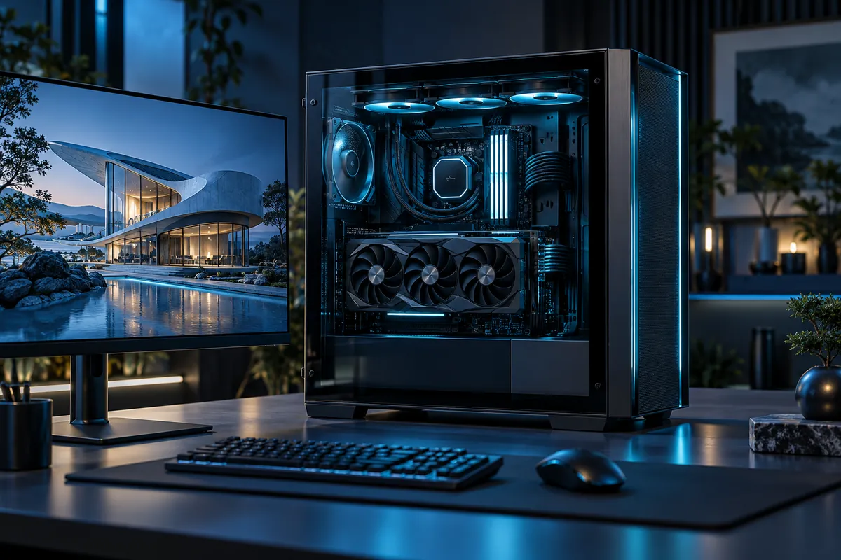Leistungsstarke Workstation mit Glasseitenteil neben einem Monitor mit 3D-Architekturvisualisierung